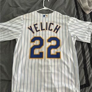 Majestic White Jersey with Blue and Gold Details